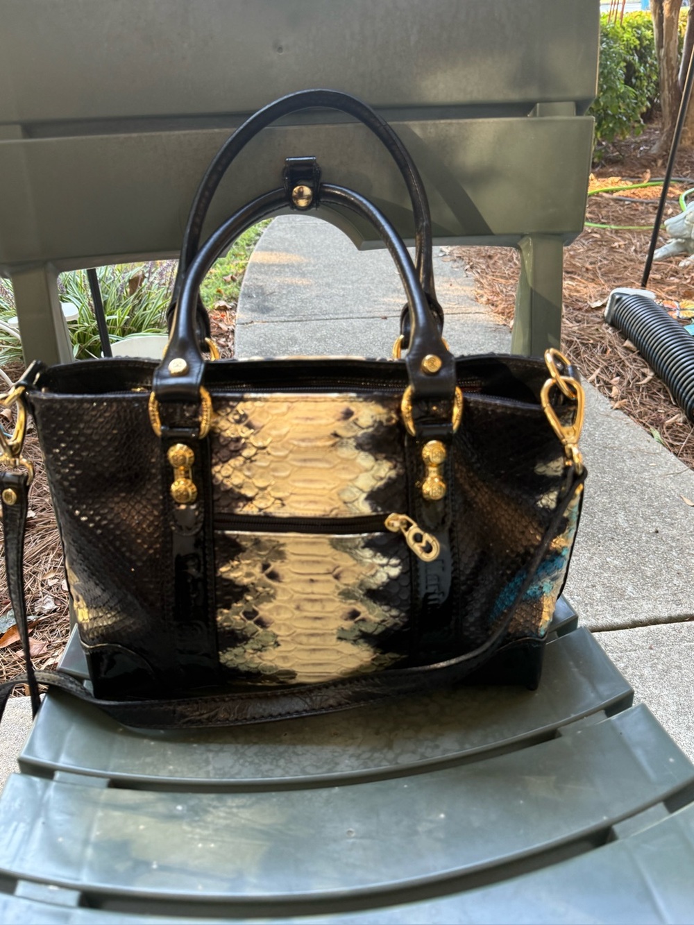 Marino Orlandi Black and Cream Snake-Print Satchel Handbag